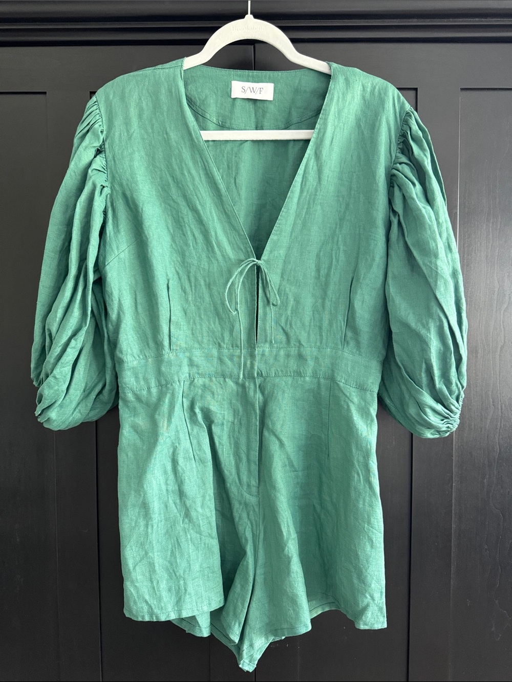 Green V-Neck Puff Sleeve Linen One-Piece Romper - never worn